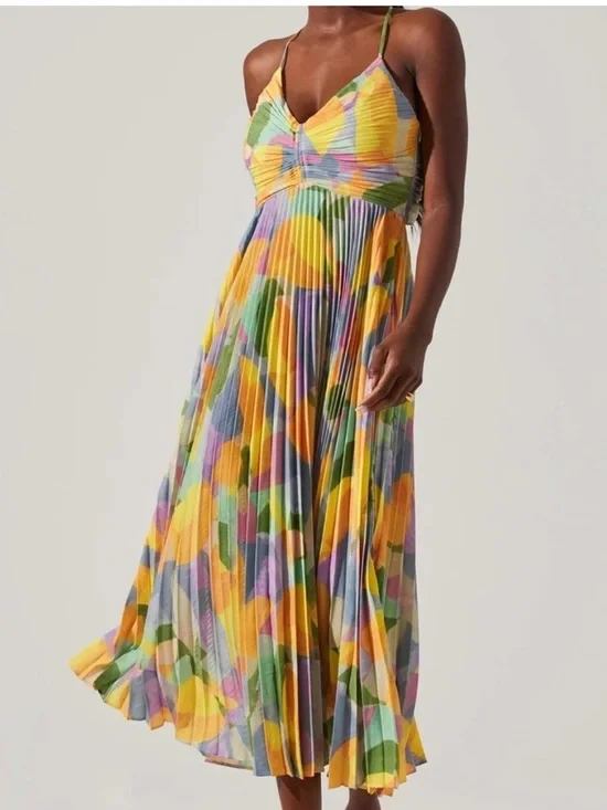 NWT ASTR the Label Blythe Floral Midi Dress yellow lilac abstract Sz M - Picture 4 of 11